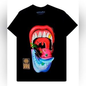 Travis Scott AstroWorld Black Graphic T-Shirt with Colorful Mouth Design New